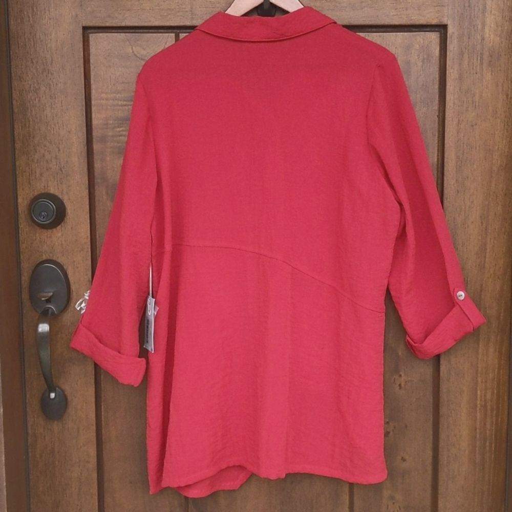 Habitat Red Button Down Top Lagenlook Asymmetric Relaxed Artsy Artisan Style - Picture 4 of 7